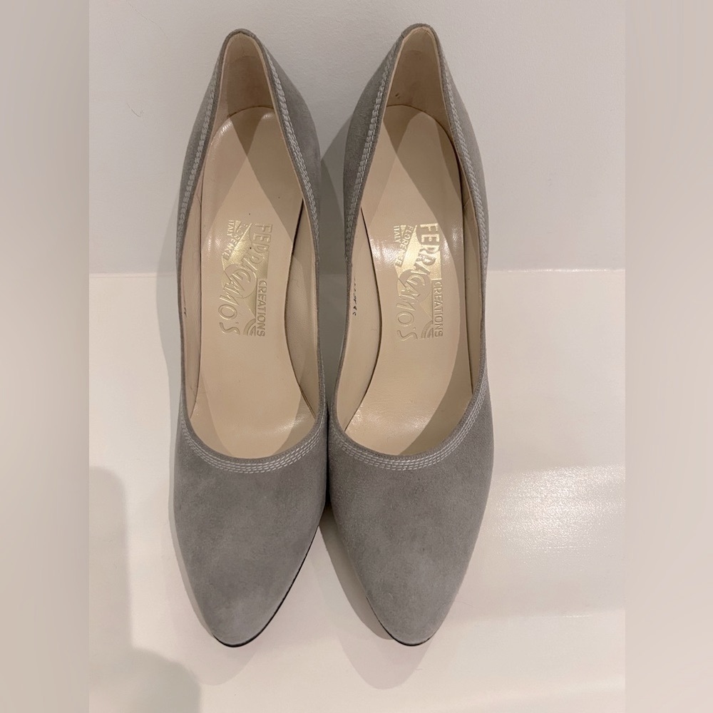 Ferragamo authentic gray suede 3 1/2 heels/ size 38 Italian-worn once. Classics